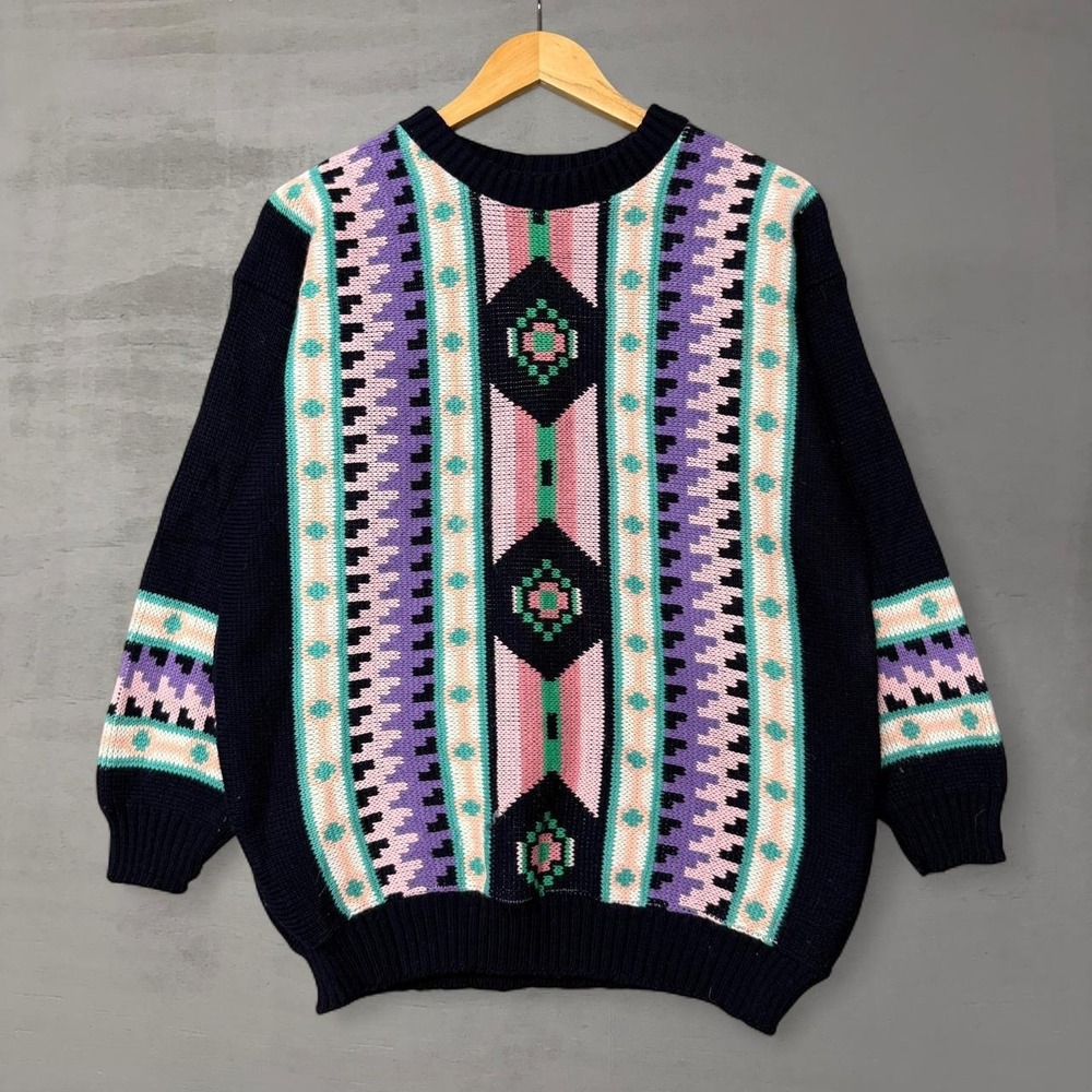 vintage Clifton Place Sweater Navy Blue Southwestern Aztec Knit Mock Neck XL